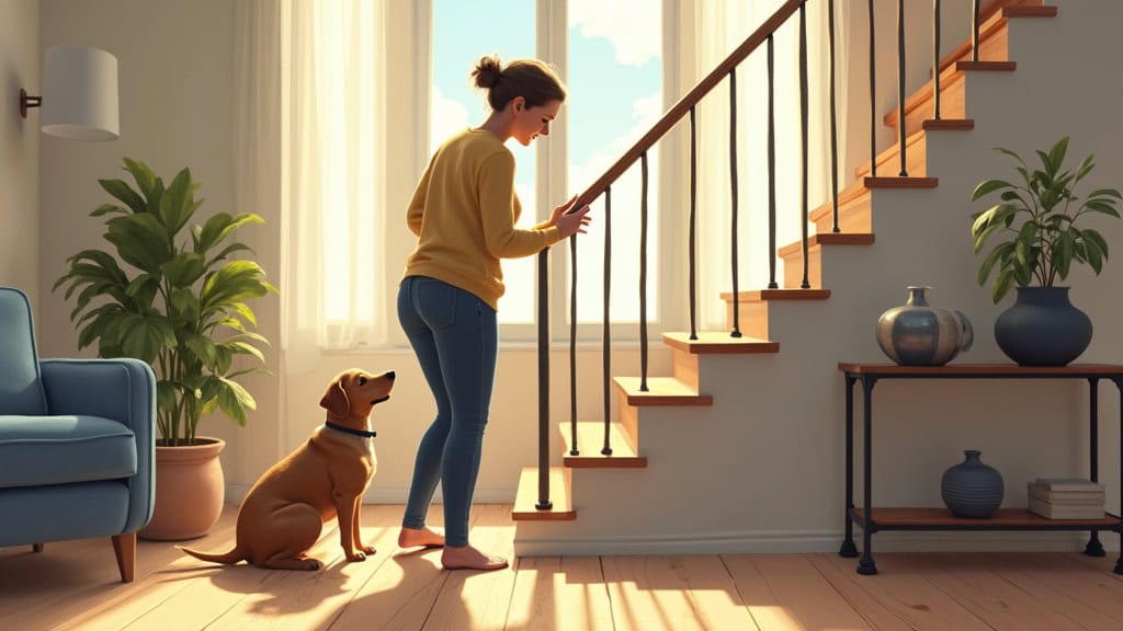 Mme Durand utilisant son monte-escalier droit installé dans sa maison à Les Damps, avec son chien à ses côtés