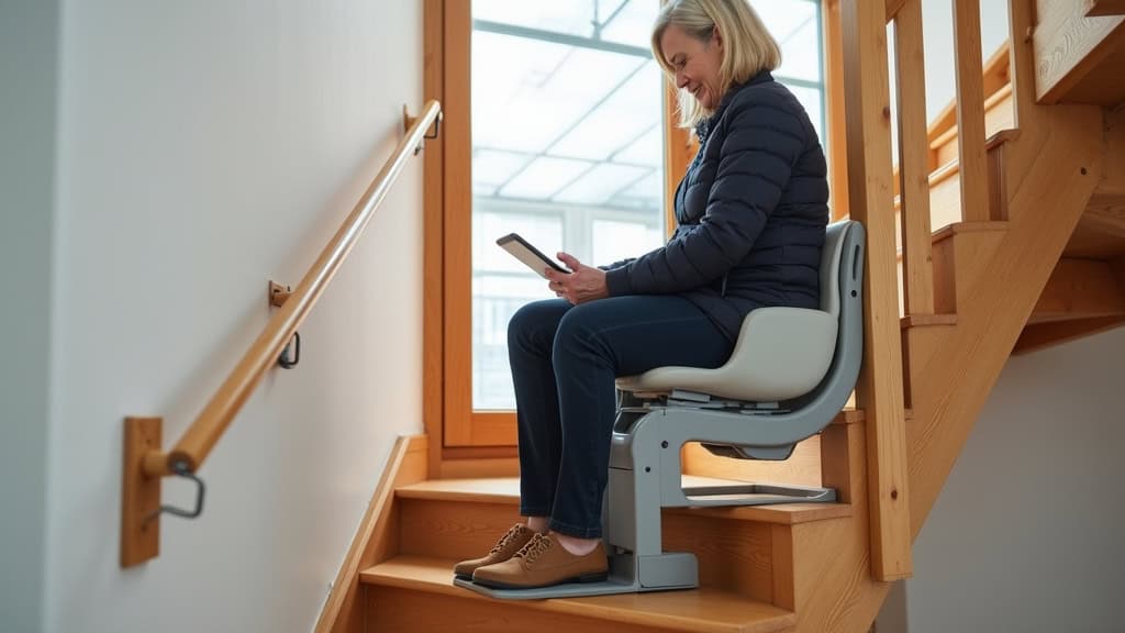 Personne âgée utilisant quotidiennement un monte-escalier à Les Loges-Marchis, en train de monter un escalier en bois avec un siège confortable et repose-pieds ajustable