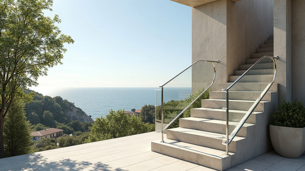 Monte-escalier extérieur installé sur une terrasse à Les Mathes, avec vue sur le jardin et la côte atlantique