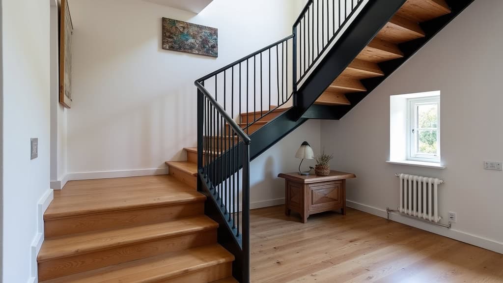 Monte-escalier droit en acier noir et siège confortable installé dans un escalier en bois dans une maison traditionnelle de Les Mathes