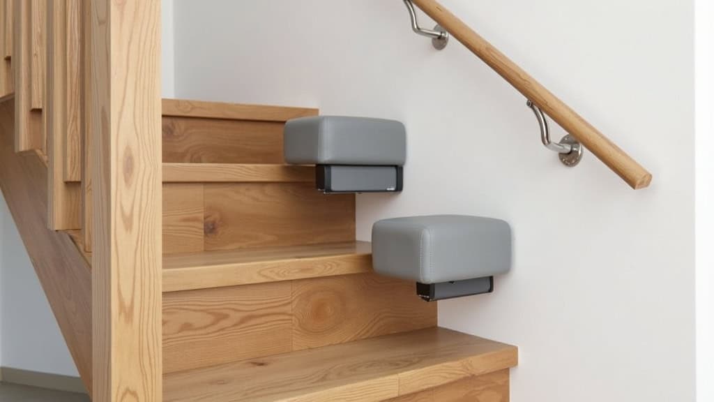 Monte-escalier droit installé sur un escalier en bois dans une maison traditionnelle de Les Montils, avec un siège gris foncé et un rail métallique discret