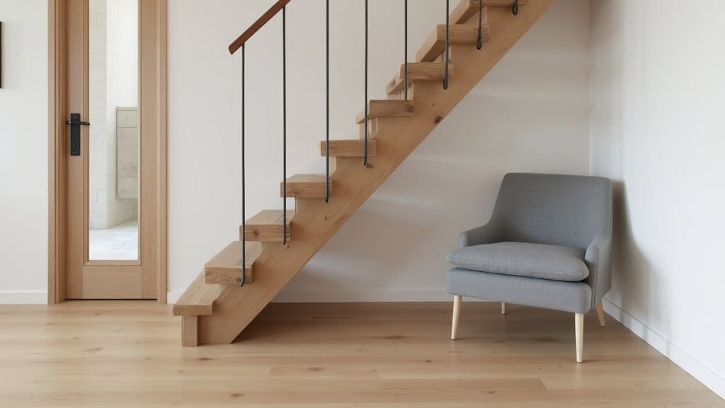 Monte-escalier droit installé sur un escalier en bois dans une maison pavillonnaire aux Pavillons-sous-Bois, siège gris discrètement rangé