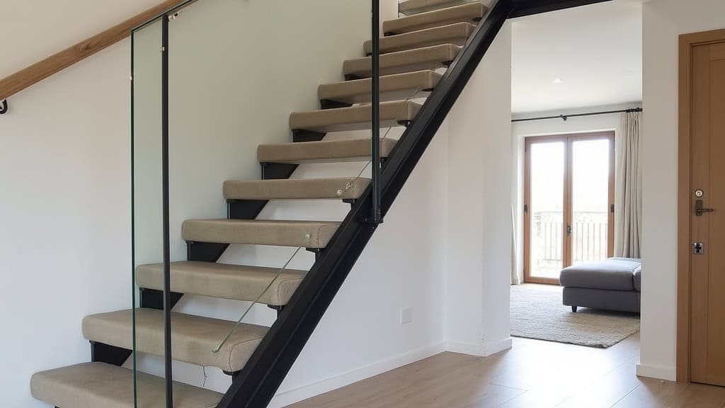 Monte-escalier courbe sur mesure installé dans une maison des Pavillons-sous-Bois avec virage central, rampe en aluminium noir et siège en tissu beige