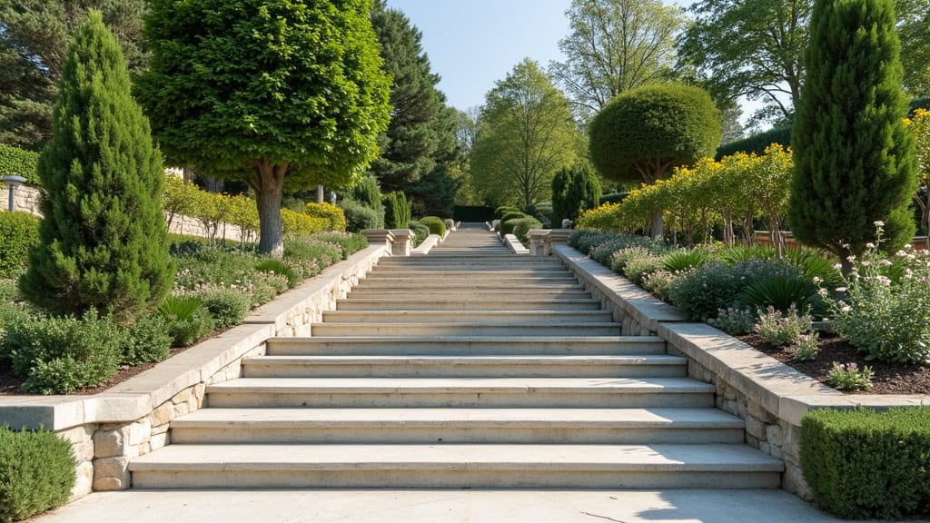 Monte-escalier extérieur installé sur une volée de marches en pierre menant à une terrasse dans un jardin à Les Ponts-de-Cé