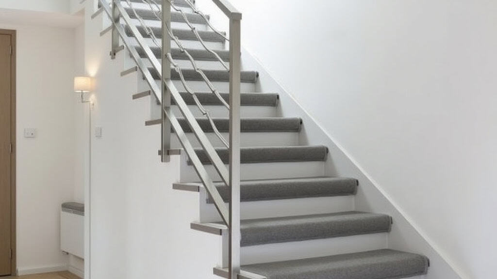 Monte-escalier droit installé sur un escalier rectiligne à Les Touches, avec siège en tissu gris et rail en aluminium