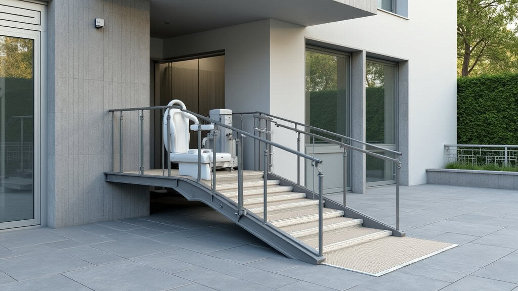 Plateforme élévatrice installée sur un escalier extérieur à Les Touches, avec fauteuil roulant monté dessus et barrière de sécurité