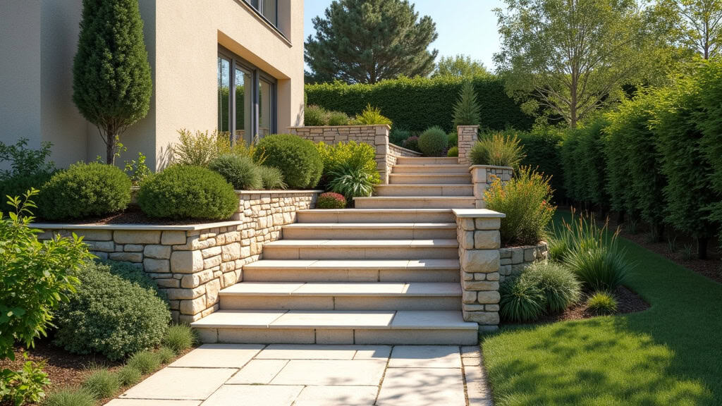 Monte-escalier extérieur installé sur un escalier en pierre menant à un jardin à Les Tourrettes