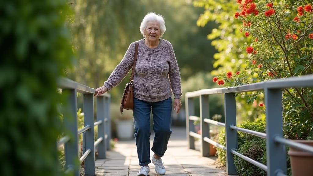 Marie, 78 ans, à Les Tourrettes, utilisant son monte-escalier droit pour monter en toute sécurité vers son jardin