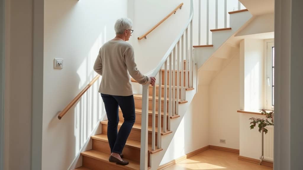Personne âgée utilisant quotidiennement son monte-escalier pour accéder à sa chambre à Les Tourrettes