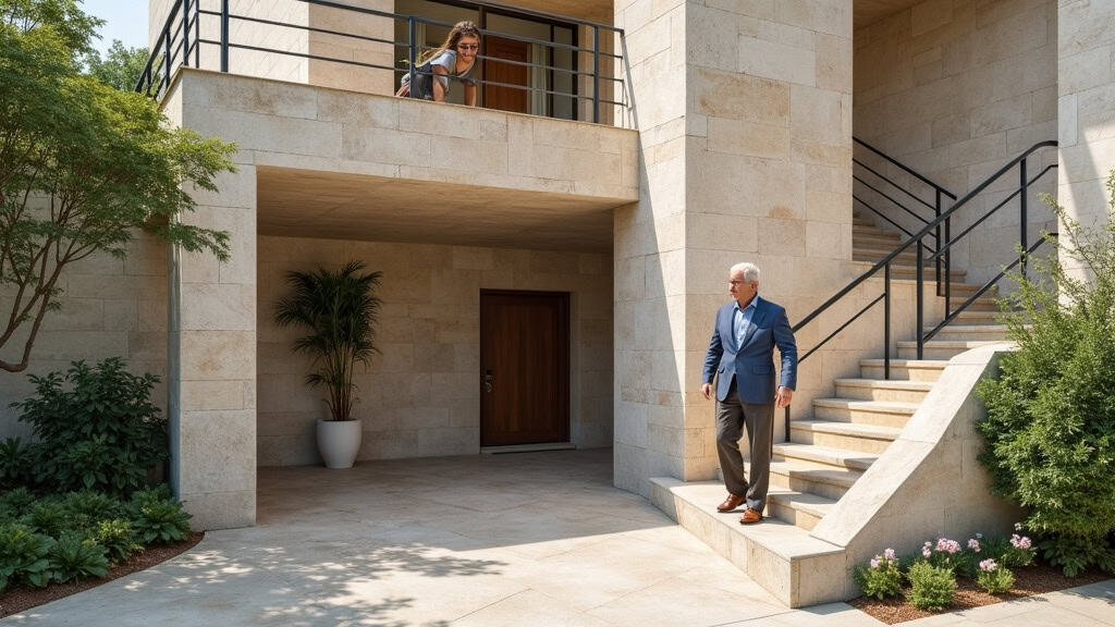 Monte-escalier courbe installé dans une maison en pierre à Les Villettes, avec un senior utilisant le siège en toute sécurité