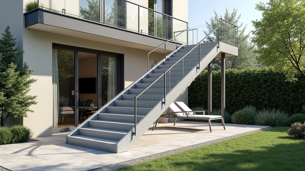 Monte-escalier extérieur installé devant l’entrée d’une maison à Leval, avec rail en aluminium anodisé et chaise en gris clair, adapté aux intempéries et intégré dans un jardin arboré