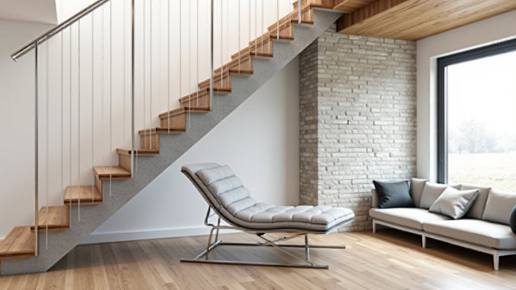 Monte-escalier droit installé dans une maison contemporaine à Leval, avec rail blanc et chaise gris clair, intégré dans un escalier en bois et un mur en pierre apparente