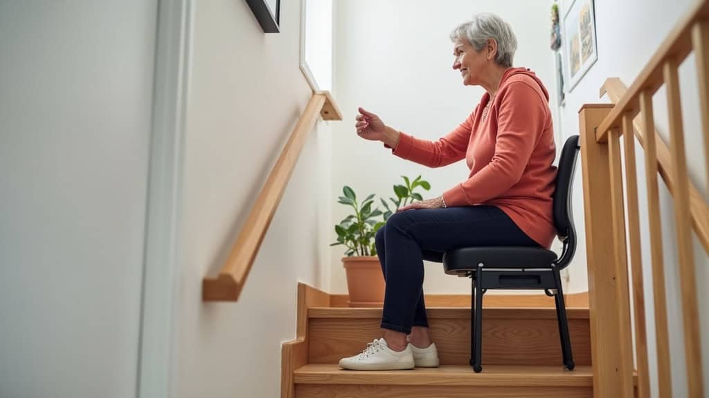 Personne âgée utilisant un monte-escalier à levier, main sur le levier, siège en mouvement sur un escalier en bois