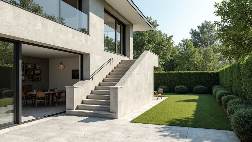 Monte-escalier extérieur installé devant une maison à Leyment, pour accéder au jardin depuis le rez-de-chaussée