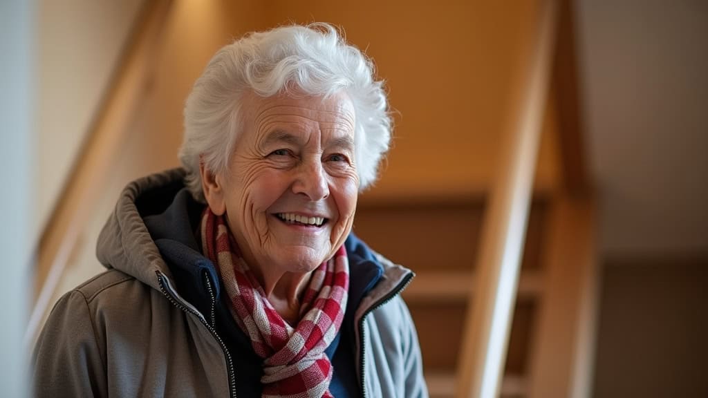 Personne âgée utilisant un monte-escalier dans un intérieur chaleureux à Ligny-le-Châtel, souriante, en train de monter les marches