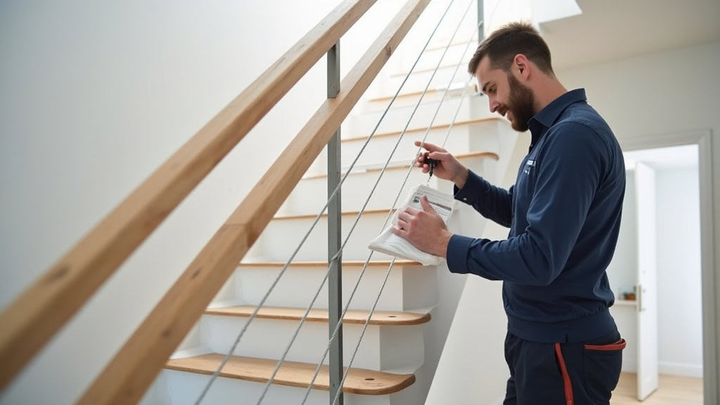 Technicien installant un monte-escalier courbe dans une maison à Liverdun, avec rail fixé sur l