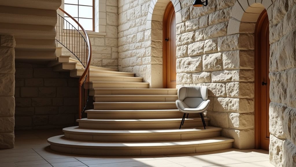 Fauteuil monte-escalier en mouvement sur un escalier tournant avec palier, dans une maison de pierre à Loctudy, Finistère