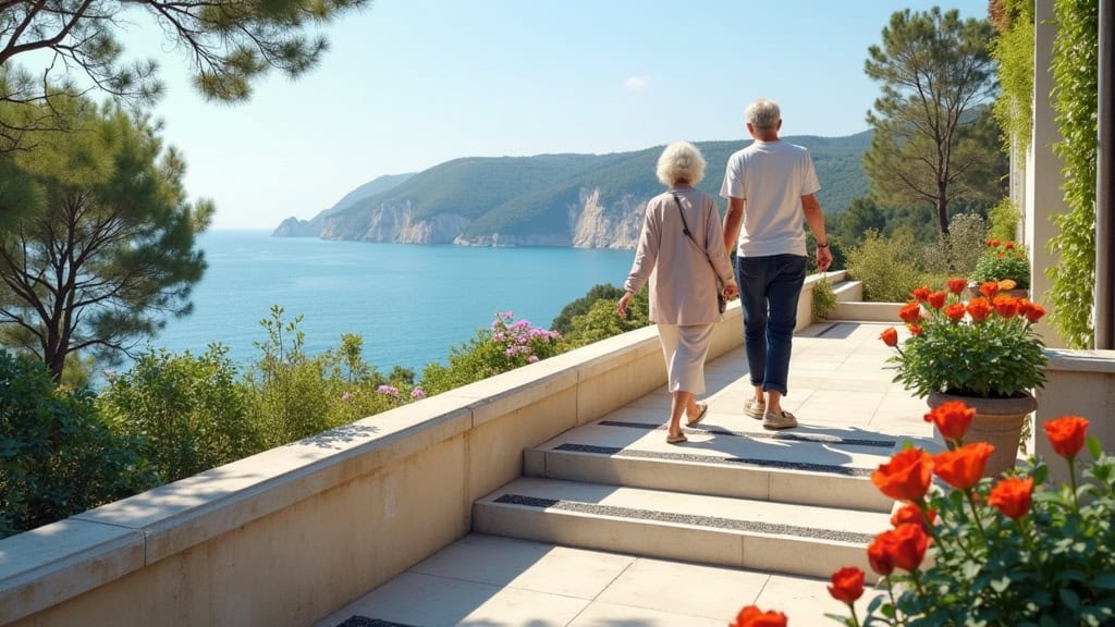 Personne âgée utilisant un monte-escalier à Loctudy pour rejoindre la terrasse, avec vue sur la côte bretonne et fleurs en pot