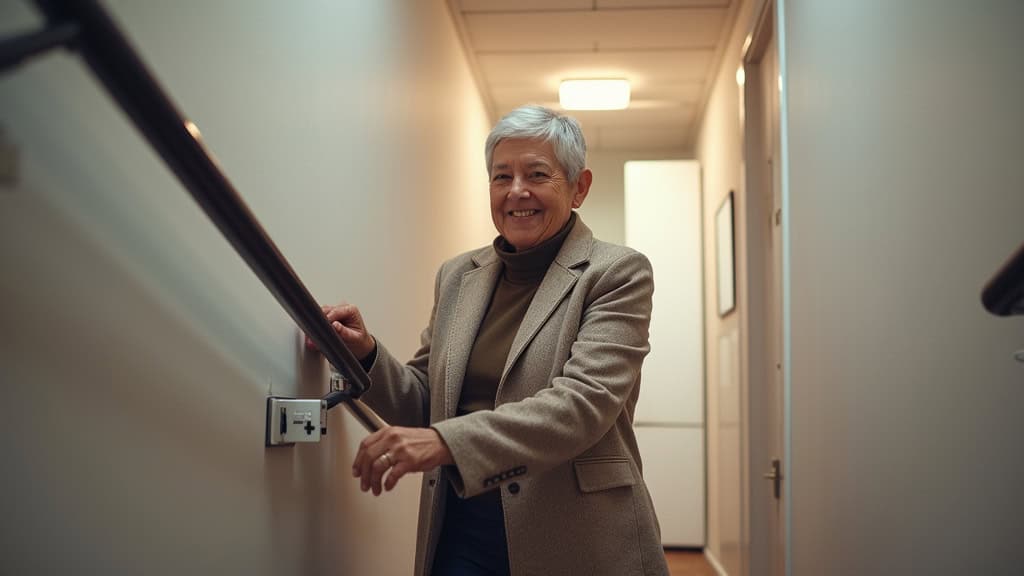 Personne âgée utilisant un monte-escalier à Longchamp, main sur le bouton de commande, regard calme et souriant