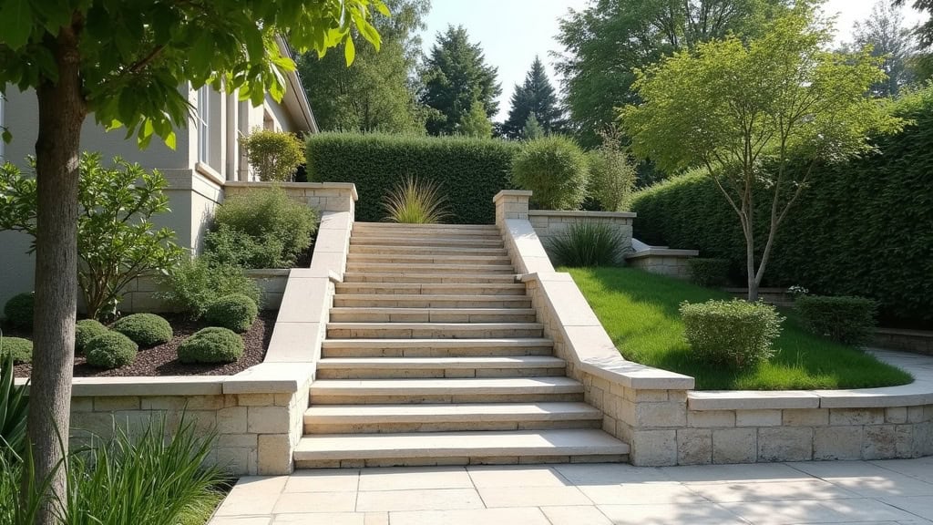 Monte-escalier extérieur installé sur un escalier en pierre menant au jardin d