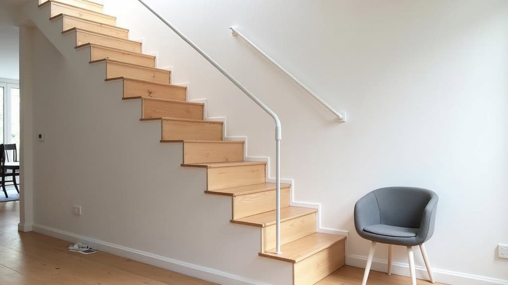 Monte-escalier droit installé sur un escalier en bois dans une maison à Lons, avec un siège en gris foncé et un rail blanc