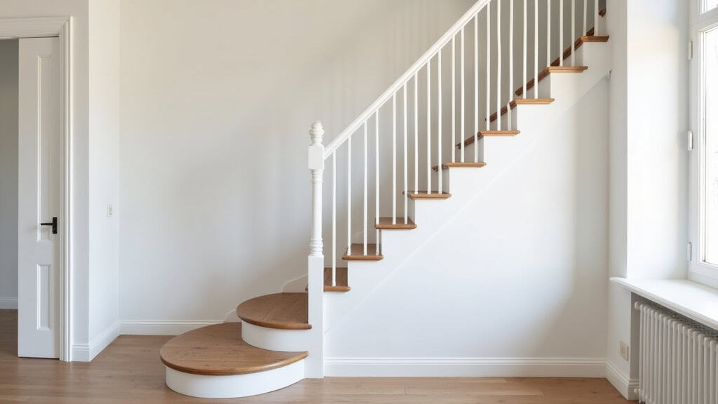 Monte-escalier tournant en blanc installé sur un escalier en colimaçon dans une maison traditionnelle à Lons, avec un siège en bois clair et un rail discret