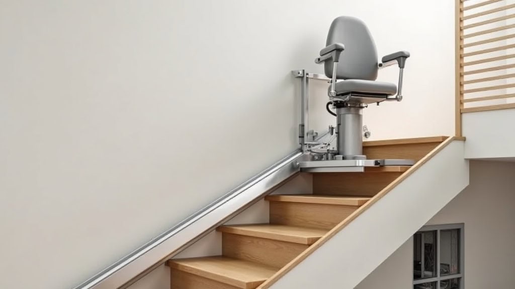 Plateforme élévatrice pour fauteuil roulant installée sur un escalier en bois à Lons, avec un siège de fauteuil roulant en position haute sur la plateforme