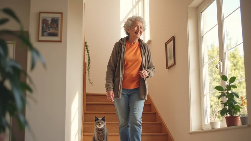 Personne âgée utilisant un monte-escalier droit dans sa maison à Lormont, souriante, avec un petit chat à ses pieds