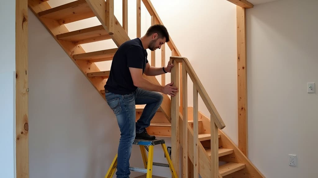 Technicien installant un monte-escalier sur un escalier tournant en bois à Lorquin