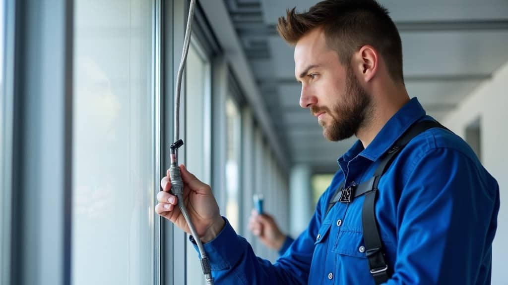 Installateur professionnel en combinaison bleue vérifiant les câbles et le rail d
