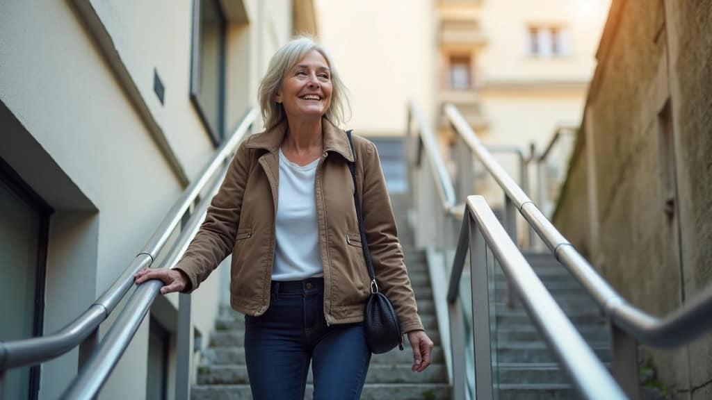 Personne âgée utilisant un monte-escalier à Louhans, main sur la commande, sourire, regardant vers le rez-de-chaussée