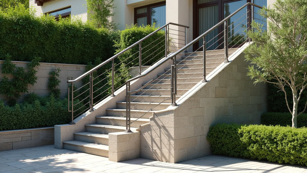 Monte-escalier extérieur en acier inoxydable, installé sur un escalier de jardin en pierre, avec végétation alentour