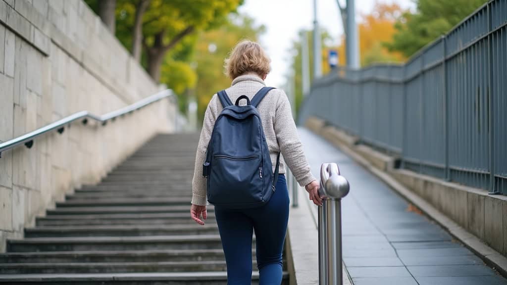 Personne âgée utilisant un siège monte-escalier à Louveciennes, en train de monter les marches avec calme et sécurité