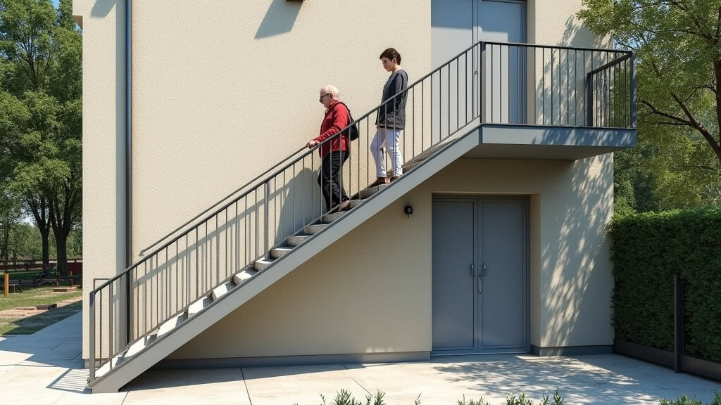 Monte-escalier extérieur en aluminium installé sur un perron en pierre à Louzy, avec une personne âgée montant en toute sécurité