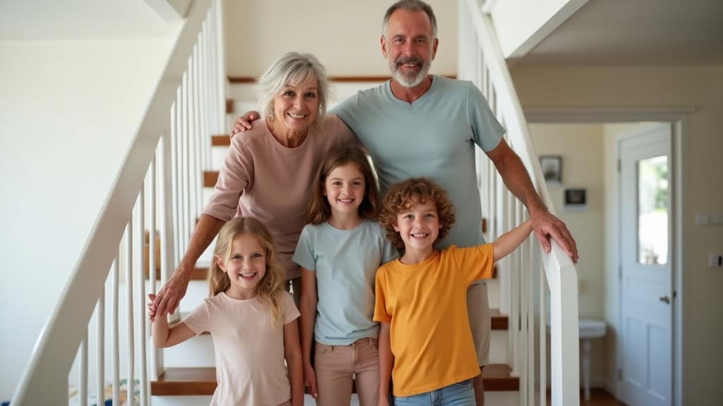Famille heureuse dans une maison à Louzy : grand-parents en monte-escalier, enfants en bas, sourire général