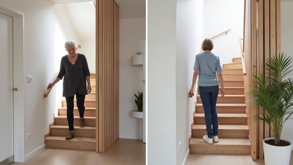 Comparaison avant-après : une maison à Lunel avec escalier raide et personne âgée en difficulté, puis avec monte-escalier installé et personne qui monte en toute autonomie