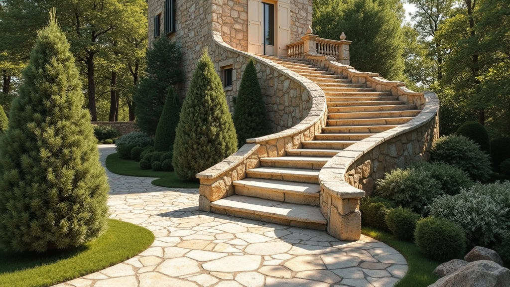 Monte-escalier courbe personnalisé contournant un virage d’escalier en pierre dans une demeure du Périgord