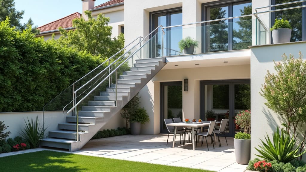 Monte-escalier extérieur en aluminium installé pour accéder à une terrasse et un jardin à Lussac