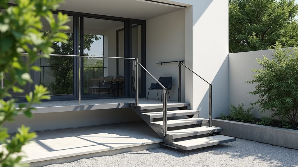 Monte-escalier extérieur en aluminium anodisé, installé devant une entrée de maison à Lussas, avec un siège de couleur gris foncé, dans un environnement arboré et pavé
