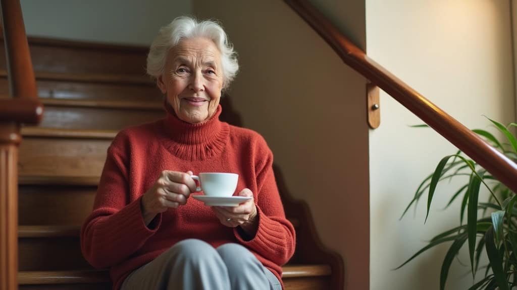 Marie, 78 ans, souriante, assise sur son monte-escalier droit installé dans son appartement à Macau, tenant une tasse de thé, avec le rail discret sur les marches