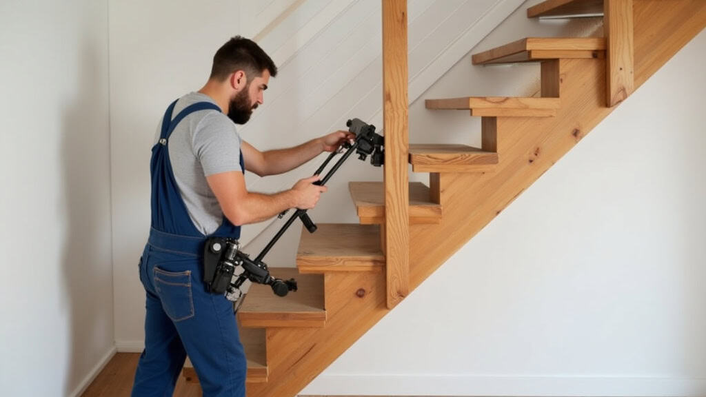 Technicien installant un monte-escalier droit sur un escalier en bois dans une maison à Magescq