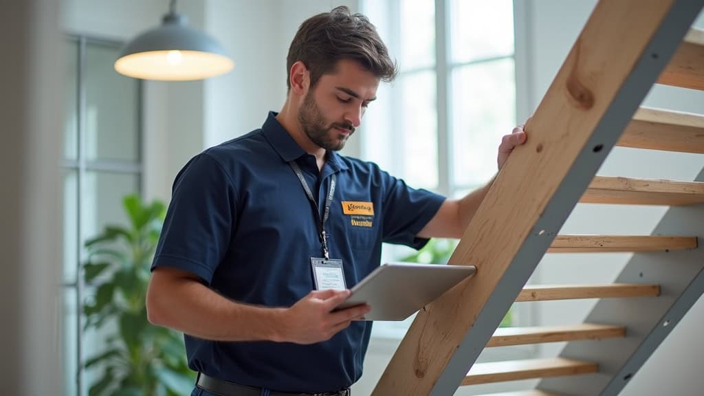 Technicien local de Magescq en train de vérifier un monte-escalier installé chez un client, avec un badge de l