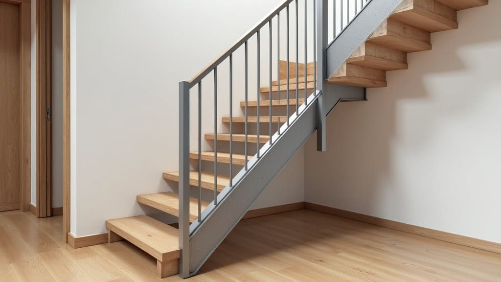 Monte-escalier à magnétisme design en aluminium et tissu gris, intégré discrètement dans un escalier en bois clair, ambiance chaleureuse et moderne