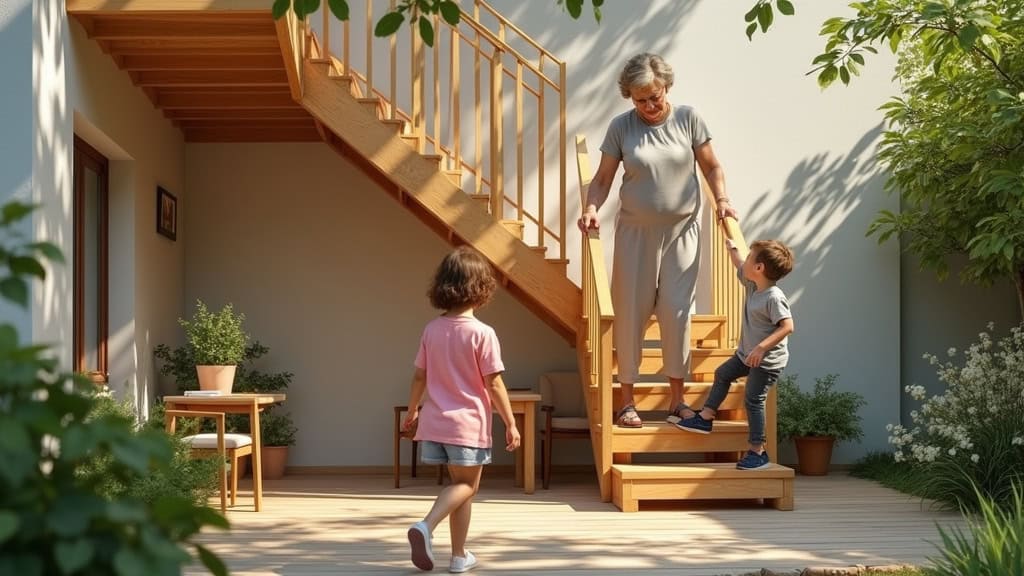 Mme Dupont utilisant un monte-escalier droit dans son escalier en bois à Marcoussis, entourée de son jardin et de ses petits-enfants