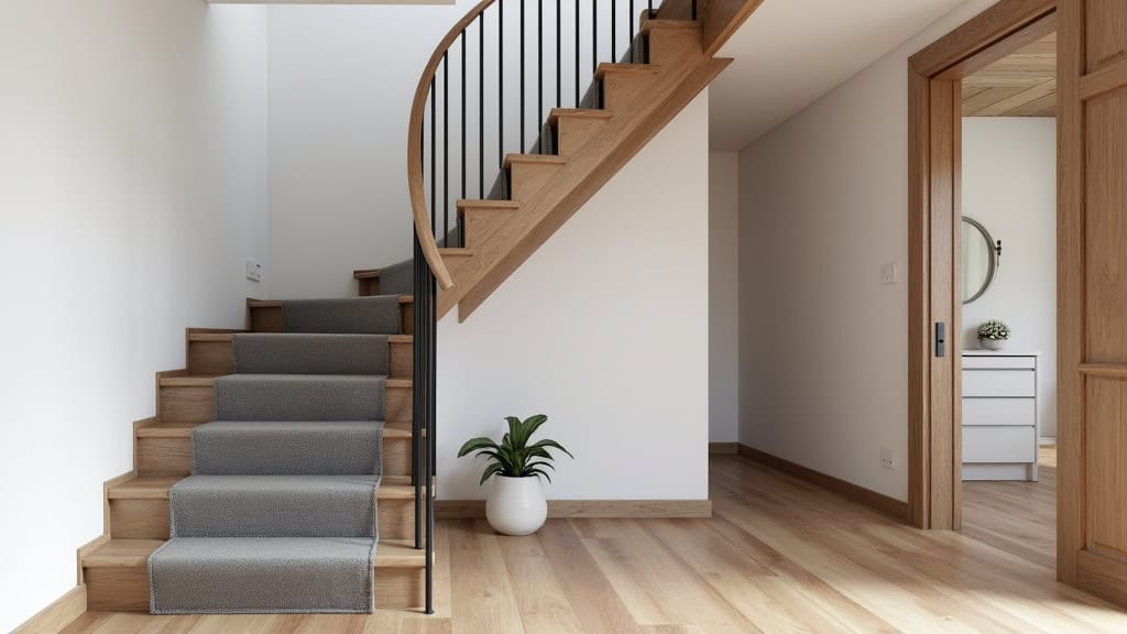 Monte-escalier courbe en acier et tissu gris, installé dans un escalier intérieur en bois d’une maison à Mareuil-le-Port