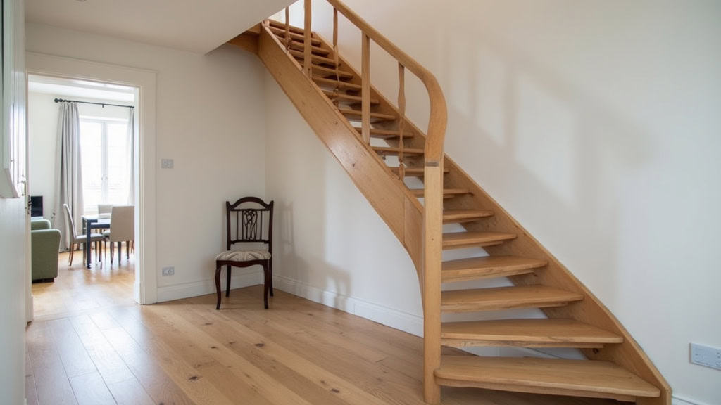 Monte-escalier tournant installé sur un escalier en bois avec virage à 90 degrés dans une maison du centre de Mareuil-sur-Cher