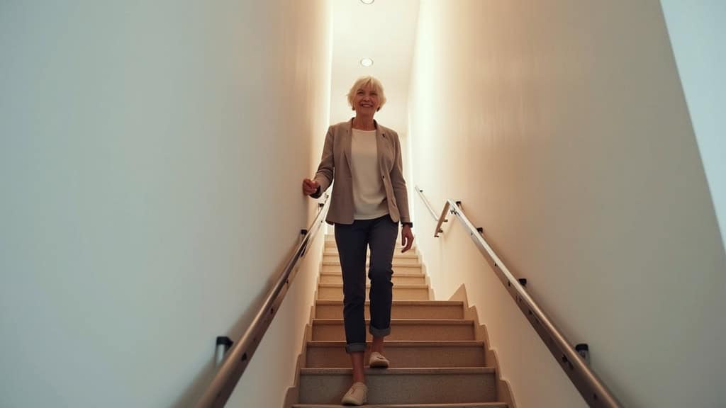 Personne âgée souriante utilisant un monte-escalier pour monter à l