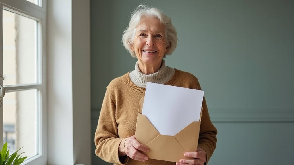 Femme âgée souriante tenant une enveloppe avec des documents d