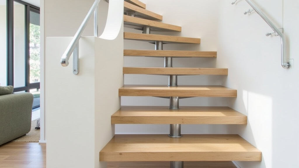 Monte-escalier droit installé dans une maison à Maringues, intégré discrètement sur un escalier en bois avec une finition en aluminium