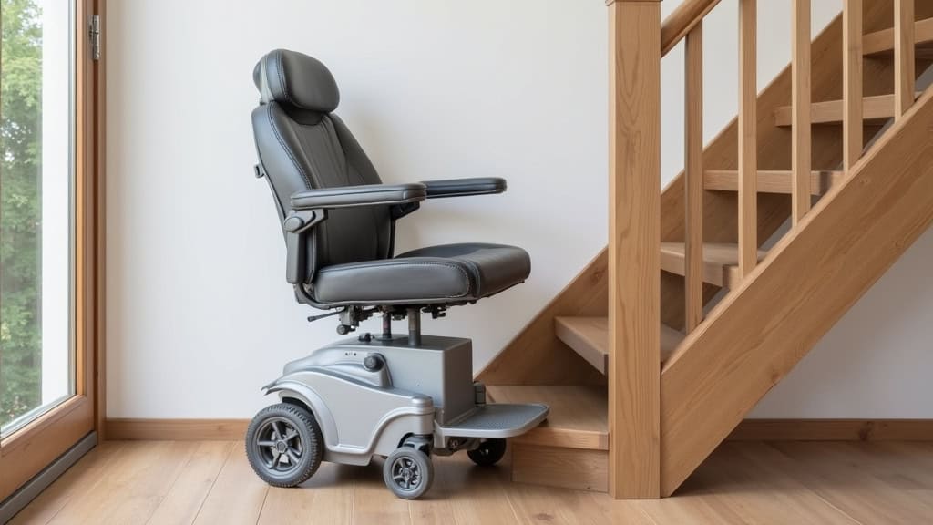 Monte-plateau pour fauteuil roulant installé sur un escalier en bois dans un foyer de Marlieux